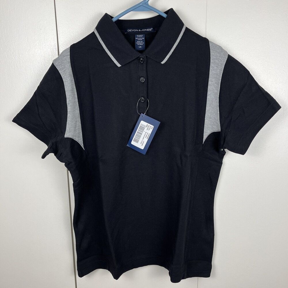 Devon Jones Polo Shirt Womens Short Sleeve Large Black Gray Golf Cotton